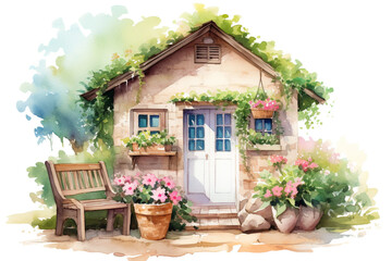 Fototapeta na wymiar house with flowers in the garden, style water color
