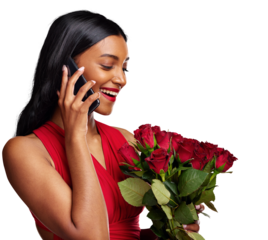 Happy woman, phone call and talking with bouquet of roses isolated on a transparent PNG background. Indian female person speaking on mobile smartphone with flowers for romance, love or valentines day