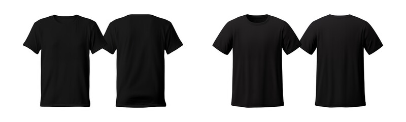 realistic set of male black t-shirts mockup front and back view isolated on a transparent background, cut out