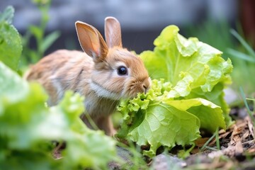 Naklejka na ściany i meble close-up of a rabbit munching on lettuce in a garden