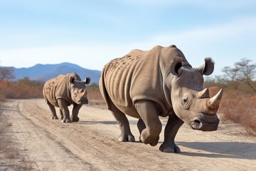 Obraz premium rhinoceroses walking on dried mud terrain