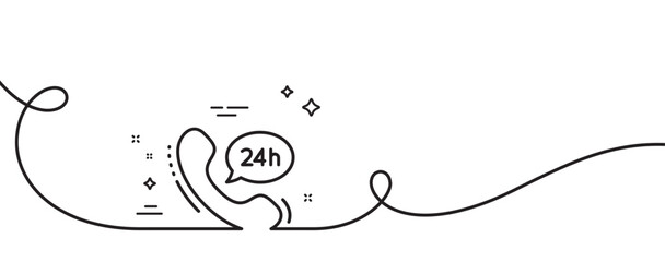 24 hour service line icon. Continuous one line with curl. Call support sign. Feedback chat symbol. 24h service single outline ribbon. Loop curve pattern. Vector