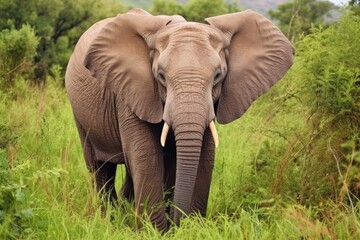 an elephant grazing on grass and leaves