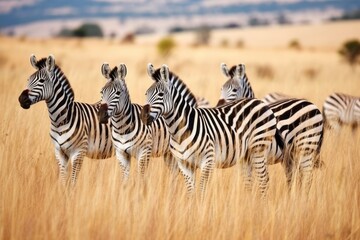 a group of zebras grazing in a wide open field
