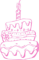 Festive pink cake with candle. . Sweet pastries, vector illustration. ink doodle sketch style . Eps 10.