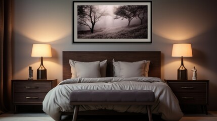 Bedroom interior design with large bed, side cupboards, painting and lamps. Created with Ai