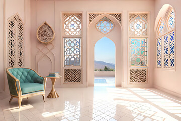 Arabic, Islamic style interior. Rattan chair, table and arabic pattern in window with shadow. pastel color wall