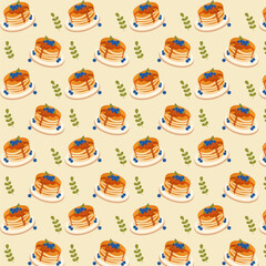 Blueberry pancake day breakfast vector illustration. Happy Pancakes Day. Seamless pattern.