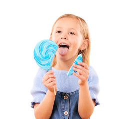 Child, eating and lollipop candy lick for happy or sweet tooth for sugar rush, treat or isolated...