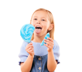 Child, eating and lollipop candy lick for happy or sweet tooth for sugar rush, treat or isolated transparent png background. Female person, dessert and hungry or unhealthy snack food, fun or sweets