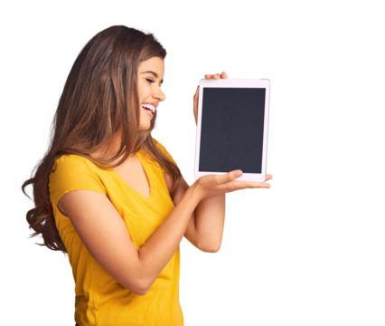 Isolated woman, blank tablet and smile in profile for promotion for app by transparent png background. Girl, digital touchscreen and happy with thinking, mockup space and vision with idea marketing