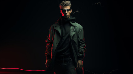 Naklejka premium Beautiful handsome man on abstract black background with copy space, Fashionable male model. studio fashionable photography.