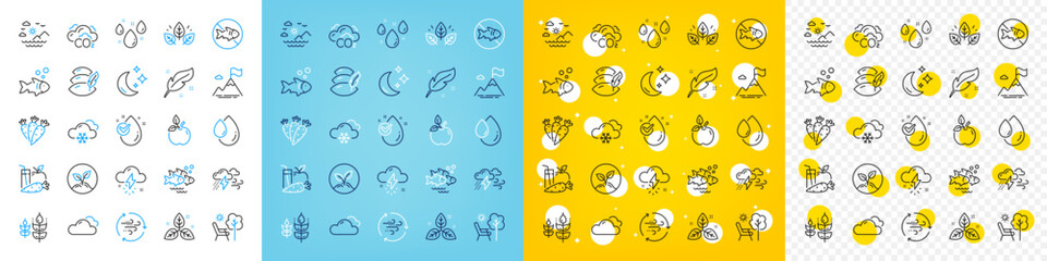 Vector icons set of Snow weather, Sea mountains and Cloudy weather line icons pack for web with Moon, Water drop, Fish school outline icon. Mountain flag, Gluten free, Pillow pictogram. Vector