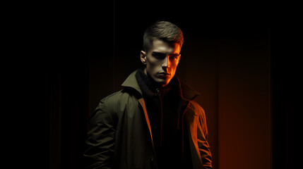 Obraz premium Beautiful handsome man on abstract black background with copy space, Fashionable male model. studio fashionable photography.