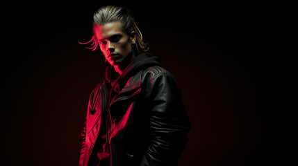 Beautiful handsome man on abstract black background with copy space, Fashionable male model. studio fashionable photography.