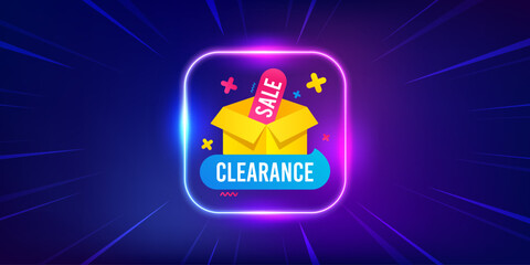 Clearance sale banner. Neon light frame offer banner. Discount sticker box. Special offer icon. Clearance sale promo event flyer, poster. Sunburst neon coupon. Flash special deal. Vector