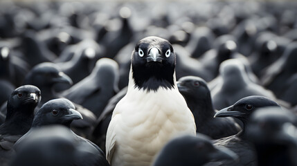 A white crow among many black crows, not like everyone else. Concept of individual stranger in society, black sheep
