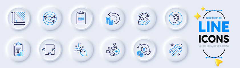 Save planet, Clipboard and Brush line icons for web app. Pack of Puzzle, Triangle area, No hearing pictogram icons. Targeting, Cash back, Checklist signs. Keys, Change money, Add team. Vector