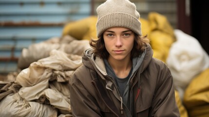 A teenager volunteering for a community service project, dressed in socially conscious clothing. Social responsibility concept.