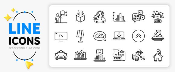 Leadership, Home and Diagram graph line icons set for app include Swipe up, Fake document, Delivery service outline thin icon. Fake news, Table lamp, Employees talk pictogram icon. Vector