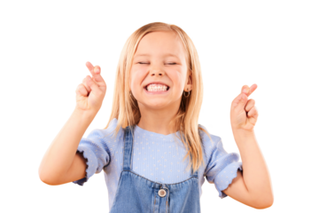 Children, fingers crossed and wish or hope with a girl isolated on a transparent background for luck. Face smile or eyes closed and a young kid on PNG with a hand gesture, icon or sign for fantasy
