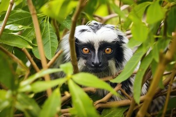 a tamarin monkey camouflaged among tree leaves