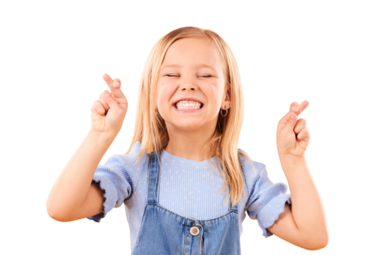Children, fingers crossed and wish or hope with a girl isolated on a transparent background for luck. Face smile or eyes closed and a young kid on PNG with a hand gesture, icon or sign for fantasy