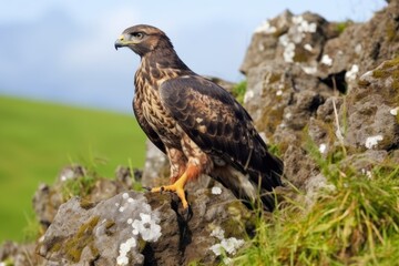 Obraz premium buzzard perched on rocky outcrop overlooking grassland