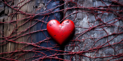Bad Valentine's day banner with shabby red heart who hangs on a thorny bush against a textured old wooden background. Copy space, panorama