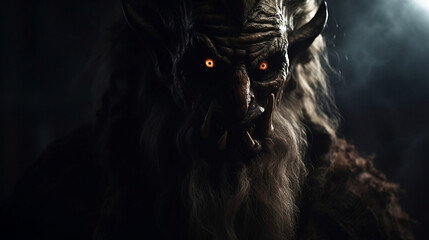 Fictional evil scary Krampus with horns and glowing eyes