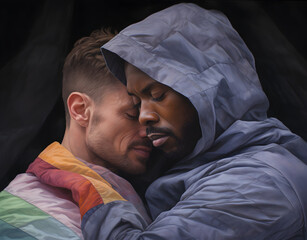 Male couple kissing behind a rainbow flag. Young male couple kissing at the pride festival. Lovely gays couple having fun at the LGBTQI parade