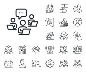 Remote office sign. Specialist, doctor and job competition outline icons. Teamwork line icon. Team employees symbol. Teamwork line sign. Avatar placeholder, spy headshot icon. Strike leader. Vector