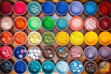 top view of a table filled with colorful ink pots