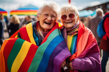 Charismatic Generative AI Seniors at LGBTQ+ Gay Pride Parade in Amsterdam. Friendship and Diversity in the LGBTQ+ Community. Valentine's Day, Romance, and Love Card