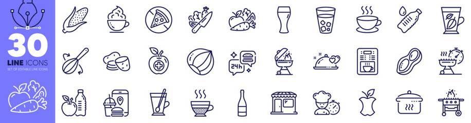 Vegetables, Ice tea and Market line icons pack. Potato, Tea mug, Food app web icon. Coffee maker, Corn, Beer glass pictogram. Coffee cup, Cooking whisk, Organic waste. Cappuccino, Grill. Vector