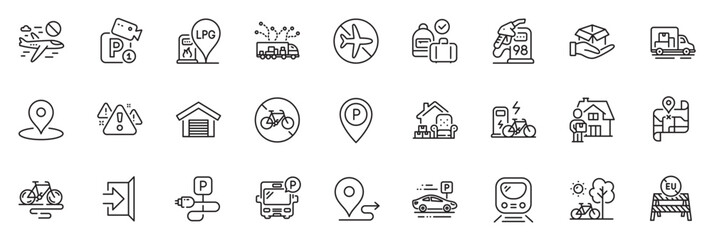 Fototapeta na wymiar Icons pack as Petrol station, Journey and Warning line icons for app include Gas station, Carry-on baggage, Charging parking outline thin icon web set. Bus parking, Electric bike. Vector