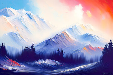 Contemporary Digital Oil Painting of Mountain Landscape in Vibrant Colors
