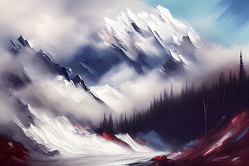 Contemporary Digital Oil Painting of Mountain Landscape in Vibrant Colors