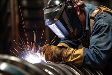 a person welding aluminum parts wearing a protective helmet