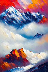 Contemporary Digital Oil Painting of Mountain Landscape in Vibrant Colors