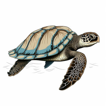 Sea Turtle cartoon natural colors, black outline ,on white background