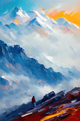 Contemporary Digital Oil Painting of Mountain Landscape in Vibrant Colors
