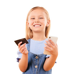 Portrait, child and credit card with phone for online shopping, digital payment and fintech. Happy...