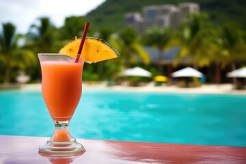 tropical cocktail with a resort backdrop