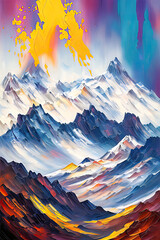 Contemporary Digital Oil Painting of Mountain Landscape in Vibrant Colors