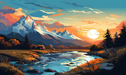 Patagonia scenery in Argentina and Chile South America in illustrations, presentation images, travel image ideas, tourism promotion, postcards, generative AI - obrazy, fototapety, plakaty