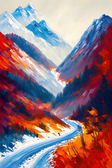 Contemporary Digital Oil Painting of Mountain Landscape in Vibrant Colors