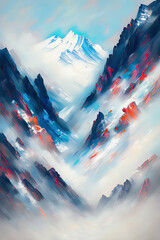 Contemporary Digital Oil Painting of Mountain Landscape in Vibrant Colors