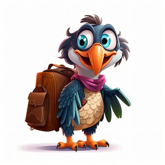 Cute vulture student cartoon character holding bag