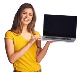 Portrait, website and a woman showing to a laptop screen display isolated on a transparent background for information. Computer, internet and happy young person with a blank tech on PNG for marketing